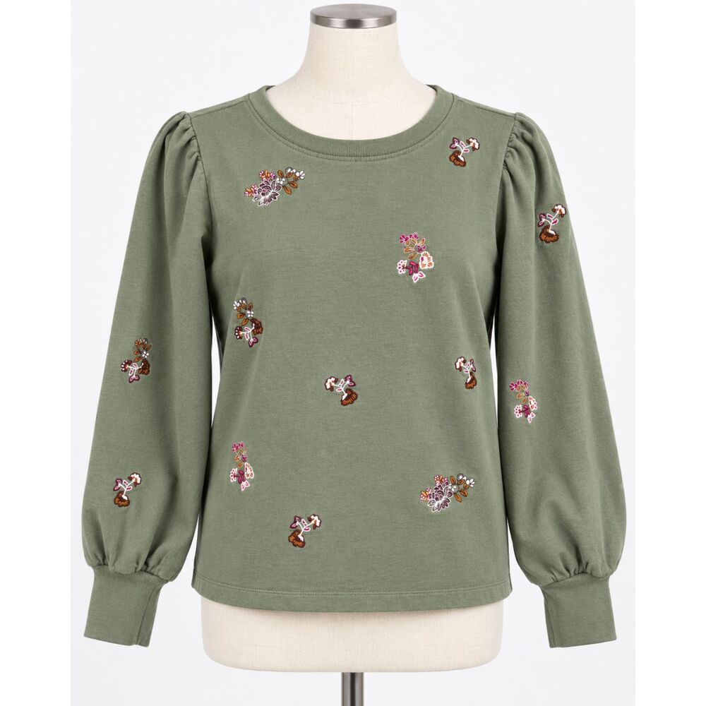 Erika 100% Cotton Green Cottagecore Embroidered Floral Sweatshirt Top Size S